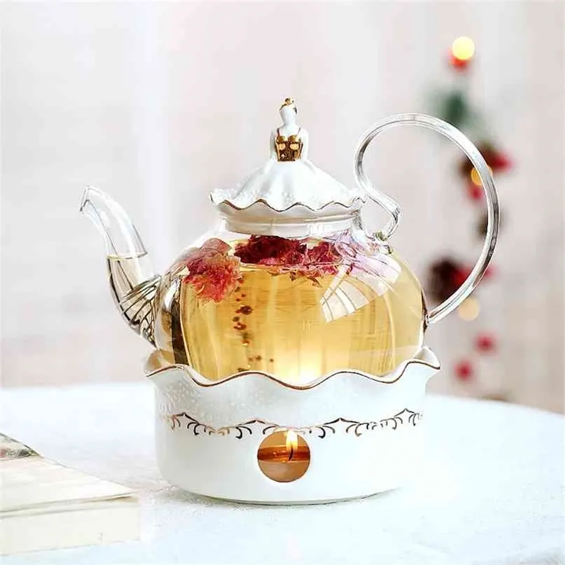 Ceramic Teapot With Strainer Vintage Porcelain British Tea Pot And Cup Set Candle Heating Glass Coffee Mugs Home Decoration 210724