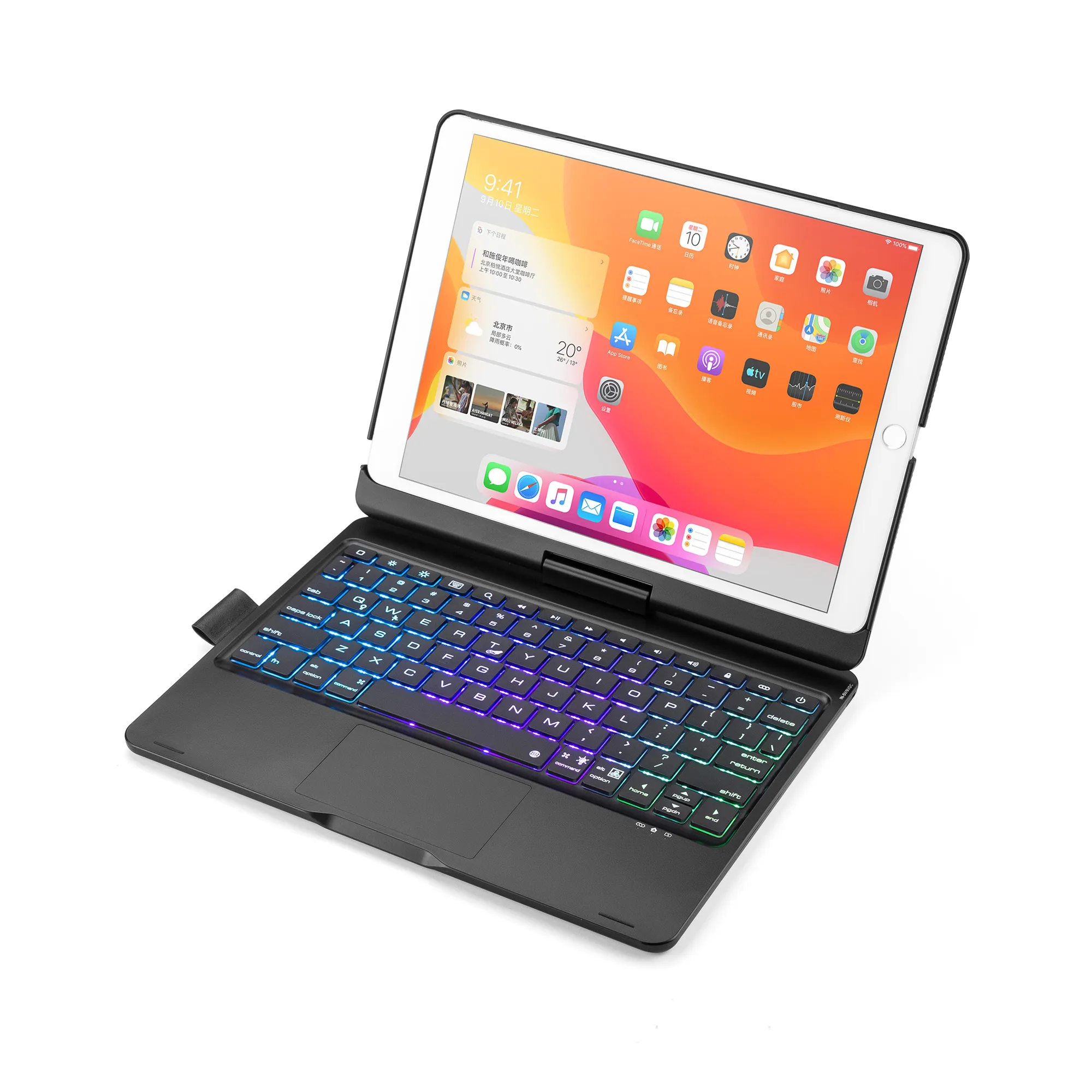 För iPad 8 10.2 Trådlöst tangentbord 10.5 Protector Case 360-graders roterande tangentbordsväska med färgstarkt bakgrundsbelysning och beröringsversion