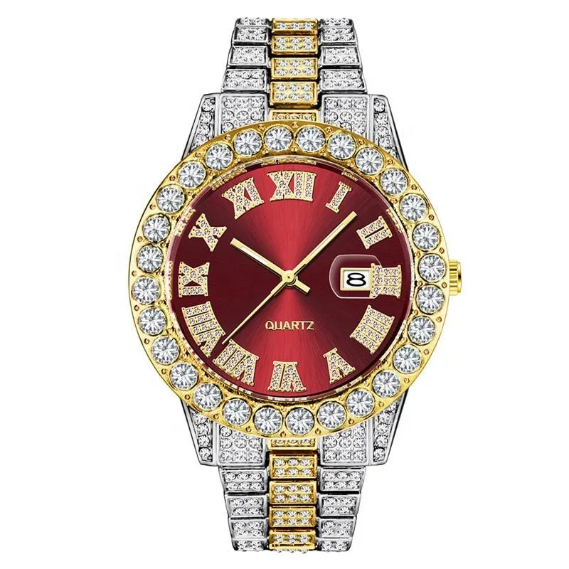 Orologi da polso oro lussuoso oro romano bling hip hop full ghiacciato orologio orologio al quarzo rosso diamante orologi da uomo argento diomando reloj de diamantes