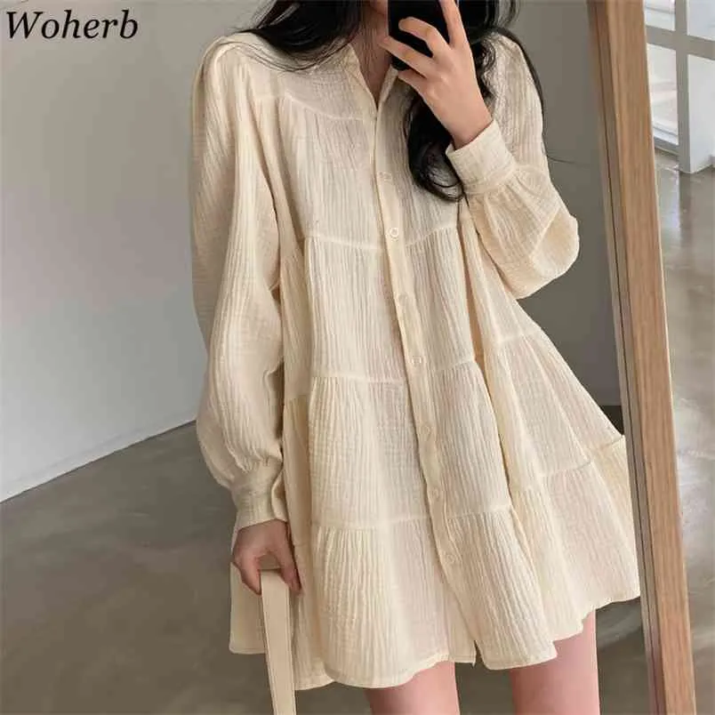 Coreano Casual Lungo Del Manicotto Della Lanterna Del Vestito Pieghettato Delle Donne Elegante Girocollo Mini Abiti Allentati Chic Robe Vestido 210519