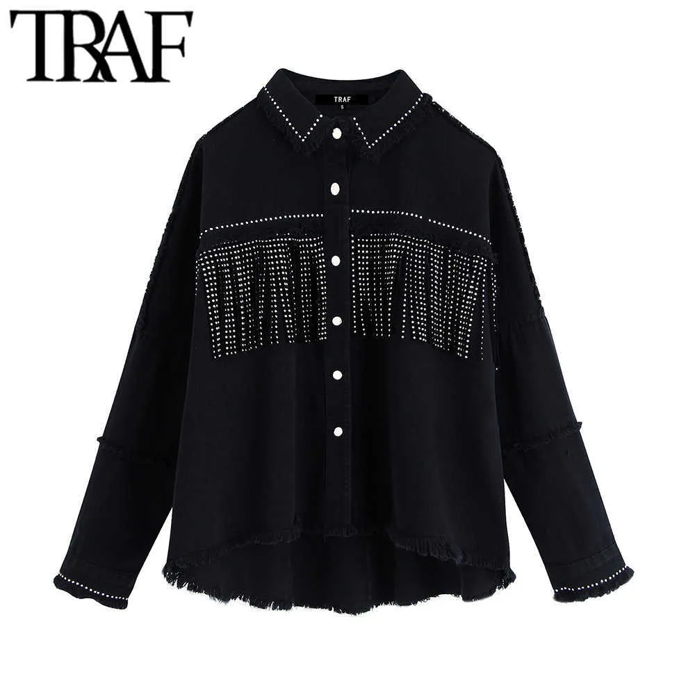 Trafik Kvinnor Snygg Tassel Beaded Oversized Denim Jacket Coat Vintage Fashion Långärmad Frayed Trim Ytterkläder Chic Loose Toppar 210804