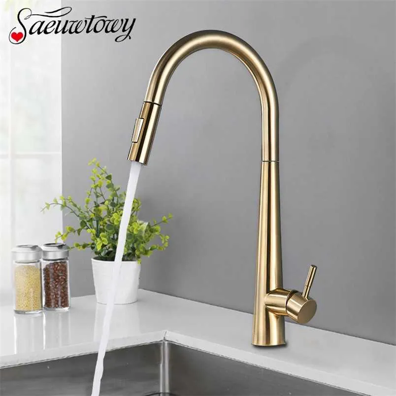 Thickened Brass Brushed Nickel Golden Kitchen Faucet Pull Out Spray Kitchen Tap 360 Rotatble Cold Sink Mixer Crane 211108