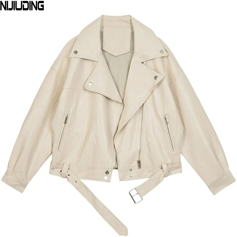 women's Faux Leather winter vintage white turn down collar long sleeve short locomotive PU Jackets female 210514