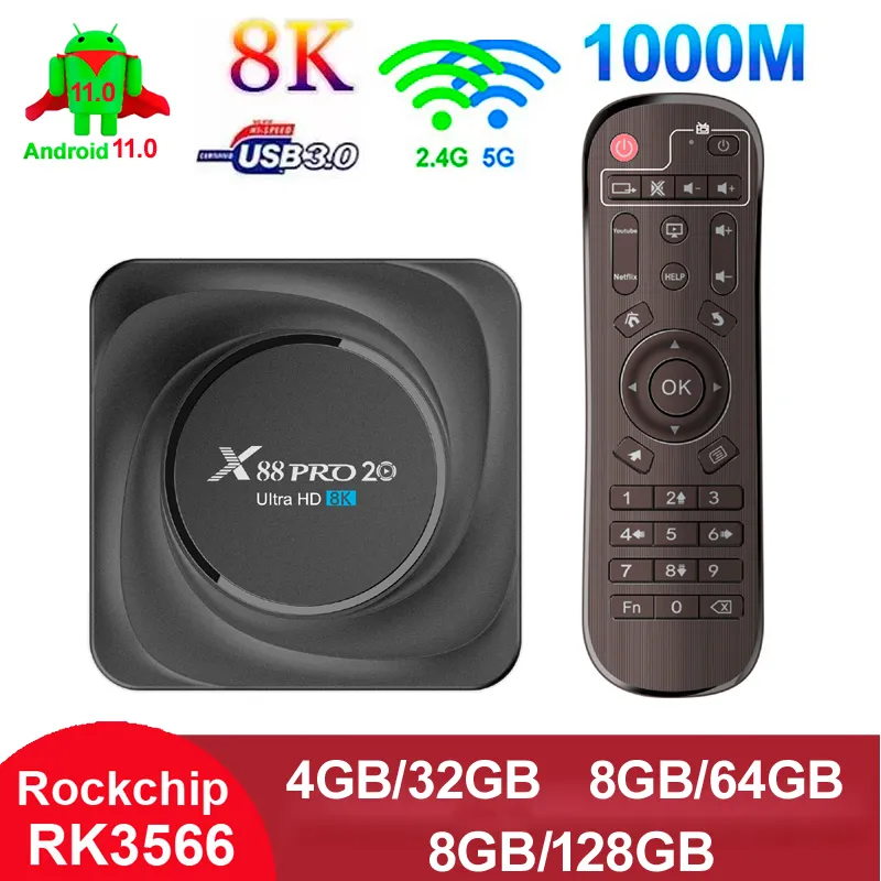 RK3566 TV Box 8GB 128GB Android 11.0 Quad Core TVbox X88 PRO 20 8K HD 2.4G/5G Dubbel Wifi Smart Media Player 4GB 32GB Bluetooth 4.2 4G32G Boxar