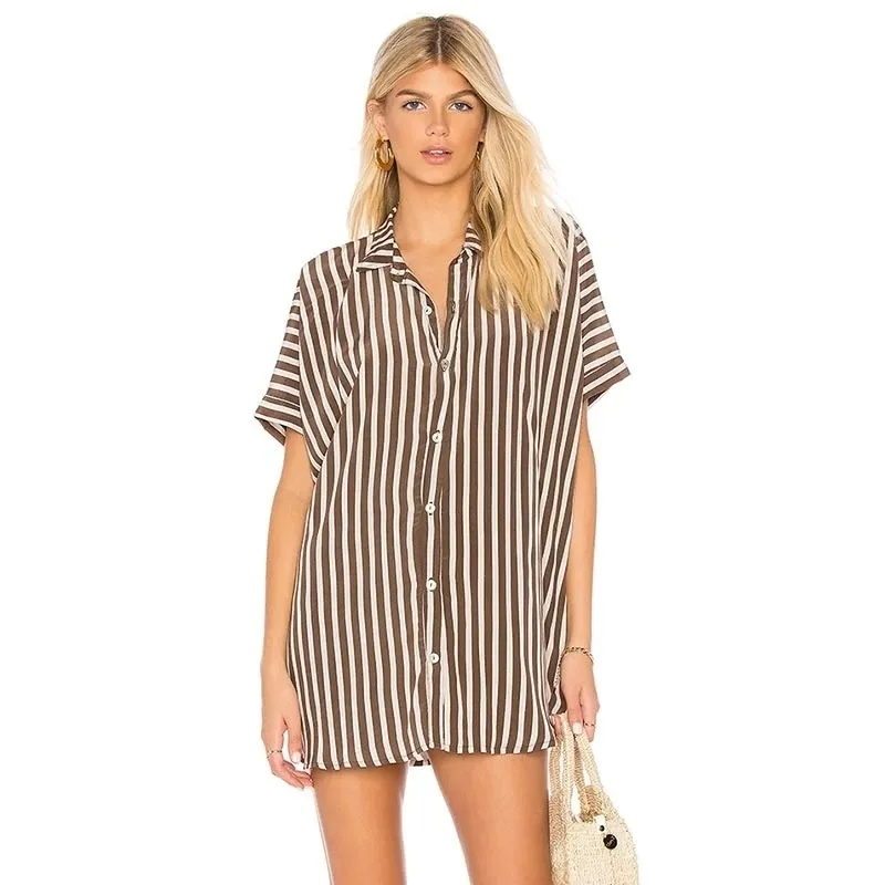 Striped Pareo Beach Cover Up Sexy Swimwear Women Swimsuit Kaftan Dress Tunic wear Sarong #Q537 210420