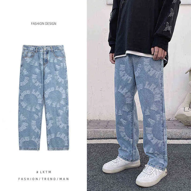 New Ins Printed Long Jeans Men Clothing Sports Wide Leg Baggy Pants High Street Oversized Denim Trousers Harajuku Loose Clothes G0104