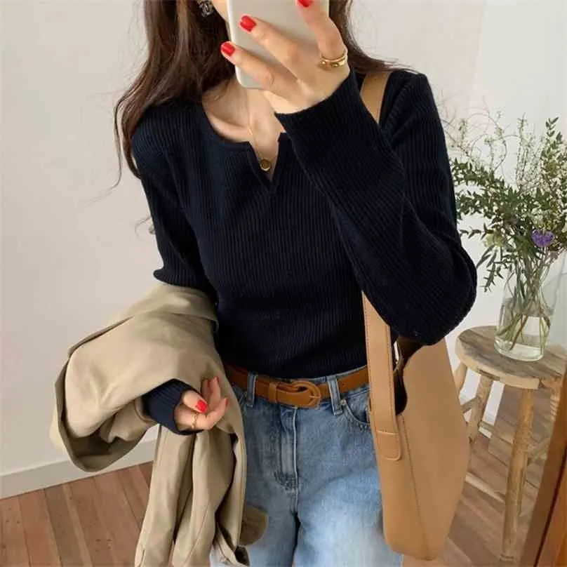 Vintage Solid V-Neck Sweet Causal Clothe Slim All Match Stylish Women Sweater Streetwear Basic Tops 210525