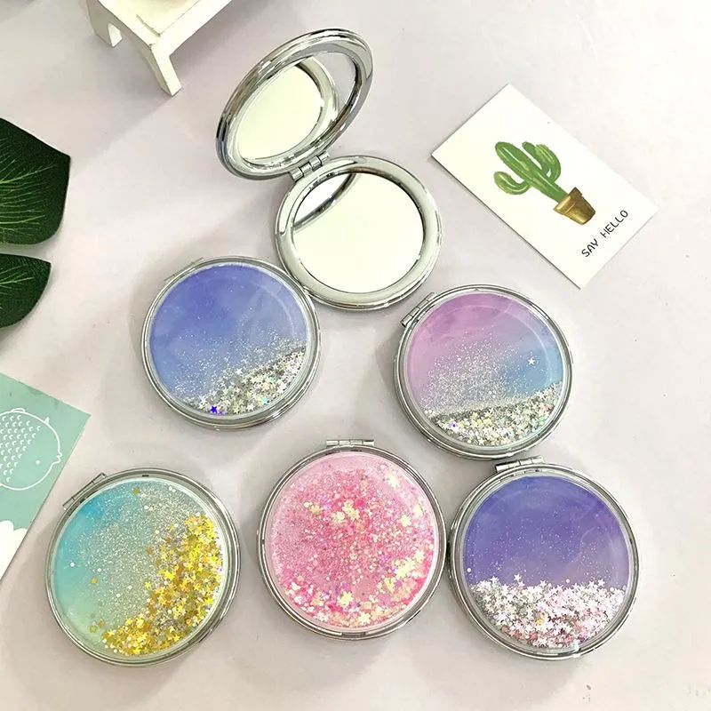 Liquid Bling Glitter Quicksand Portable Folding Mirror Double Sided Foldable Pocket Mirrors