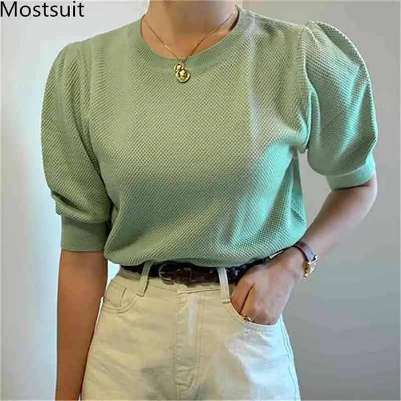 Summer Korean Knitted Sweaters Pullovers Women Short Sleeve O-neck Fashion Streetwear Casual Tops Jumpers Femme 210513