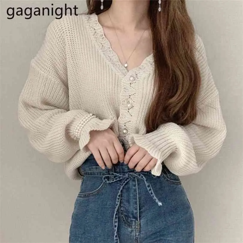 Gaganight Knit Mulheres Camisola Elegante Primavera Outono Moda Sólida Casual Loose Cardigan Beading Único Breasted Ruffles Kardigan 210922