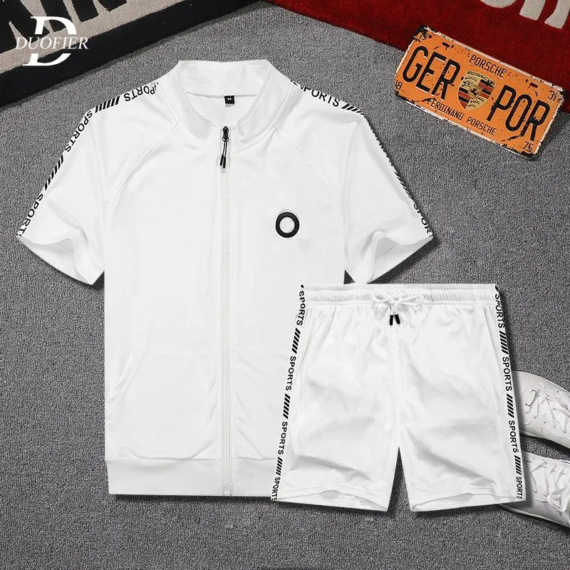 Summer Men Casual Sets Loose Jogging Tracksuit 2021 Mens Sportswear Zipper Tshirts+Shorts 2PCS Sports Suit Printing Clothing Men's Tracksuit