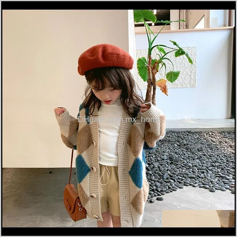girls` coat plaid long cardigan sweater autumn and winter clothing kid new button long-sleeved sweater 6-15 years old