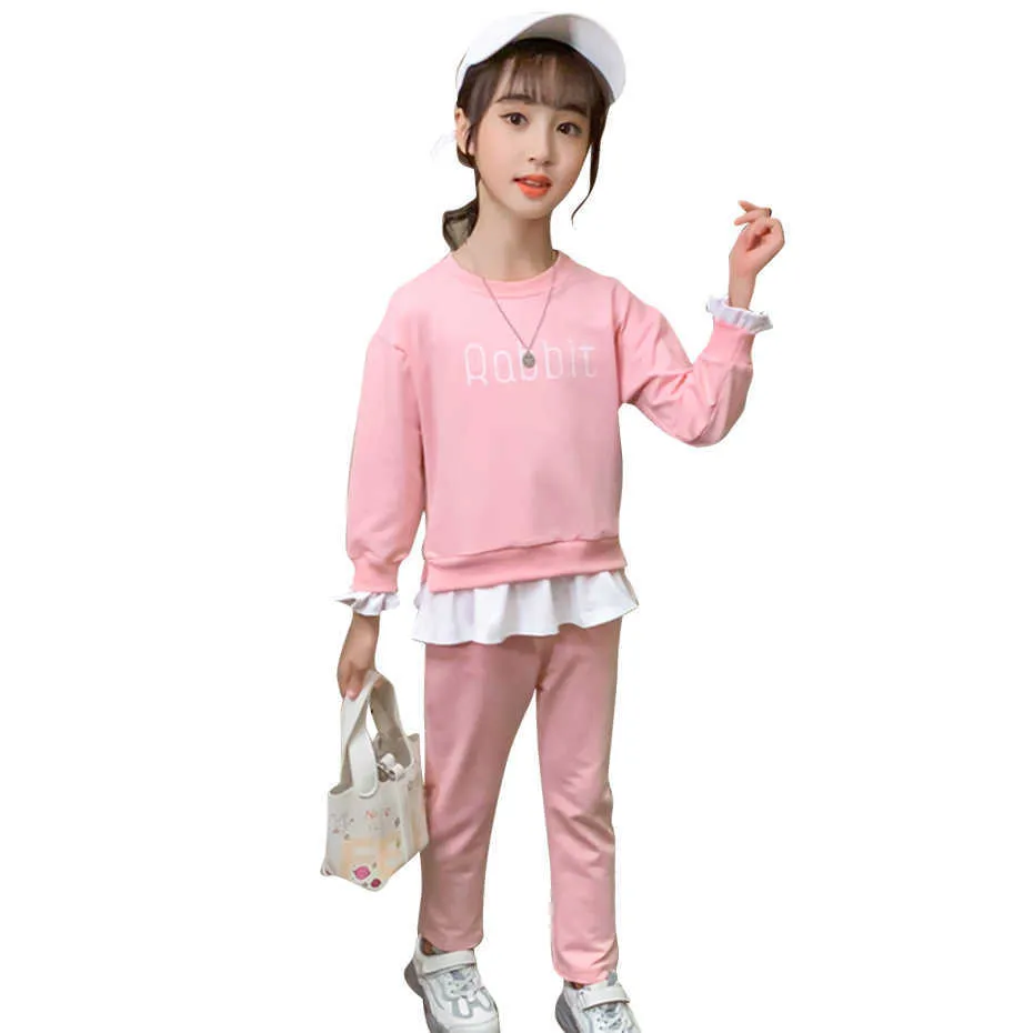 Abbigliamento per ragazze adolescenti Felpa + Pantaloni Patchwork Costume per ragazza Tuta per bambini stile casual Primavera Autunno 210528