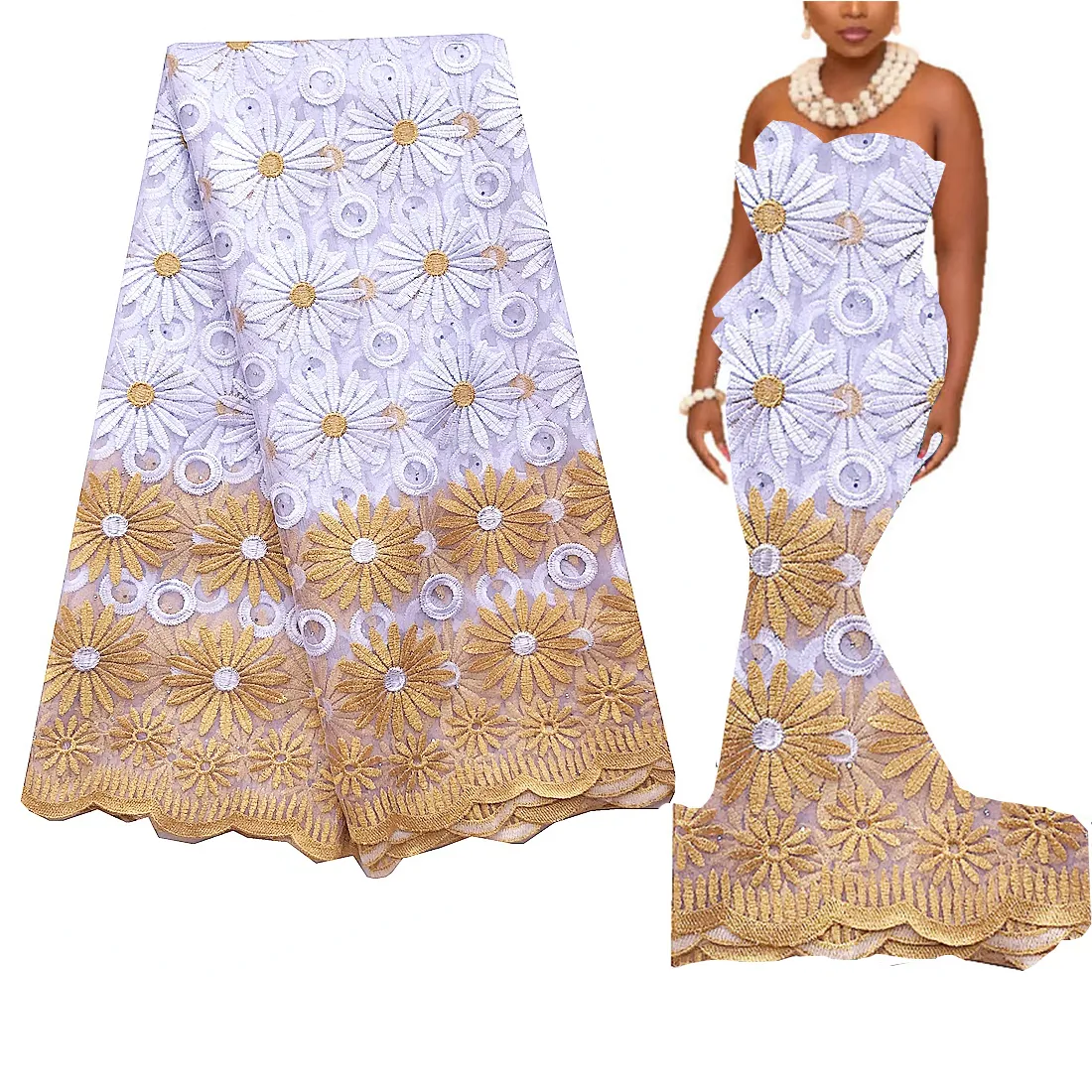 Tissu en dentelle blanche brodée, longueur 5 Yards, matériaux en filet suisse doré, tissus français de luxe pour robe de mariée africaine, 2022