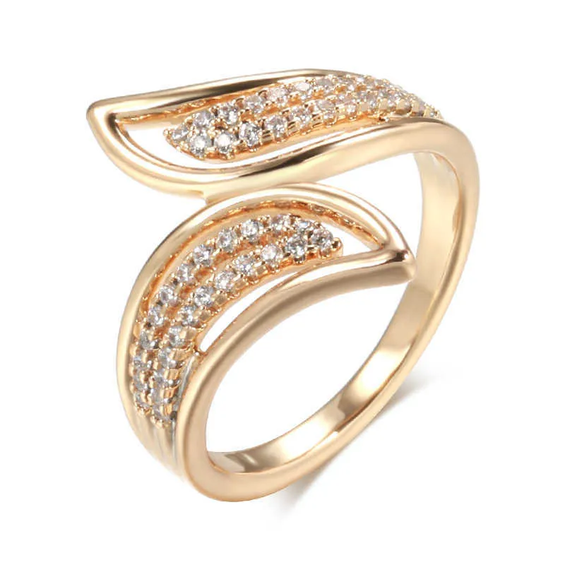 Kinel New Fine Hyperbole Curve Women Rings Micro Wax Inlay White Natural Zircon 585 Rose Gold Fashion Jewelry Unique Cross Ring X0715