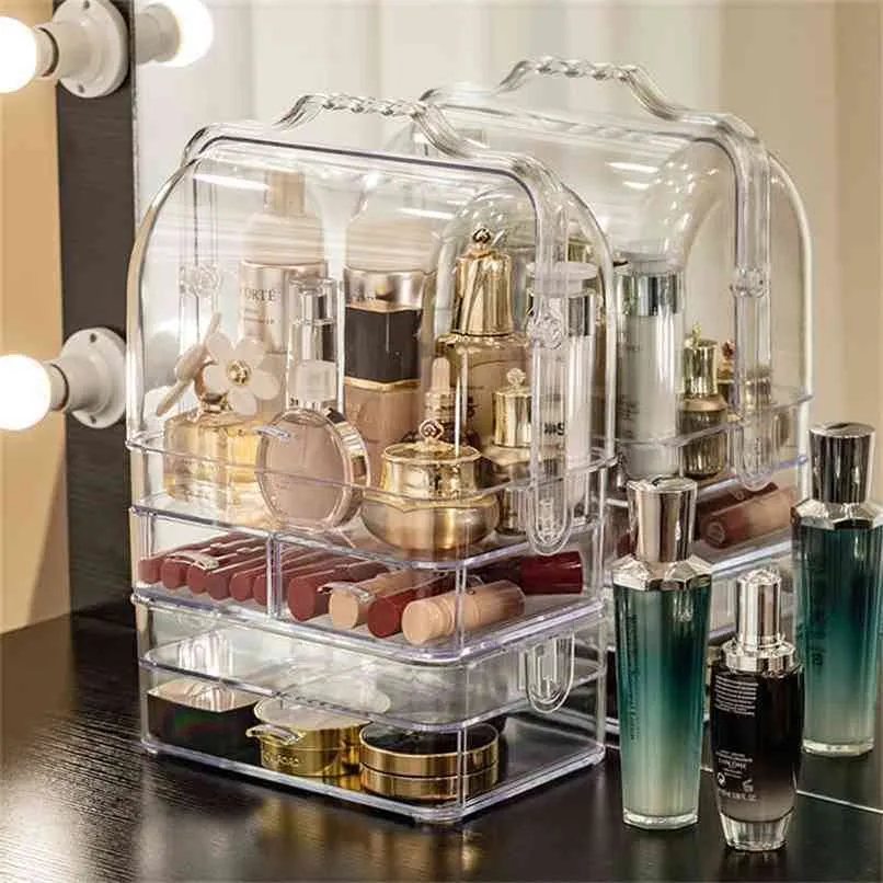 Acrylic Makeup Organizer Clear Cosmetic Jewelry Storage Box Double Open Cover Women Drawer Desktop Make Up Case 210922