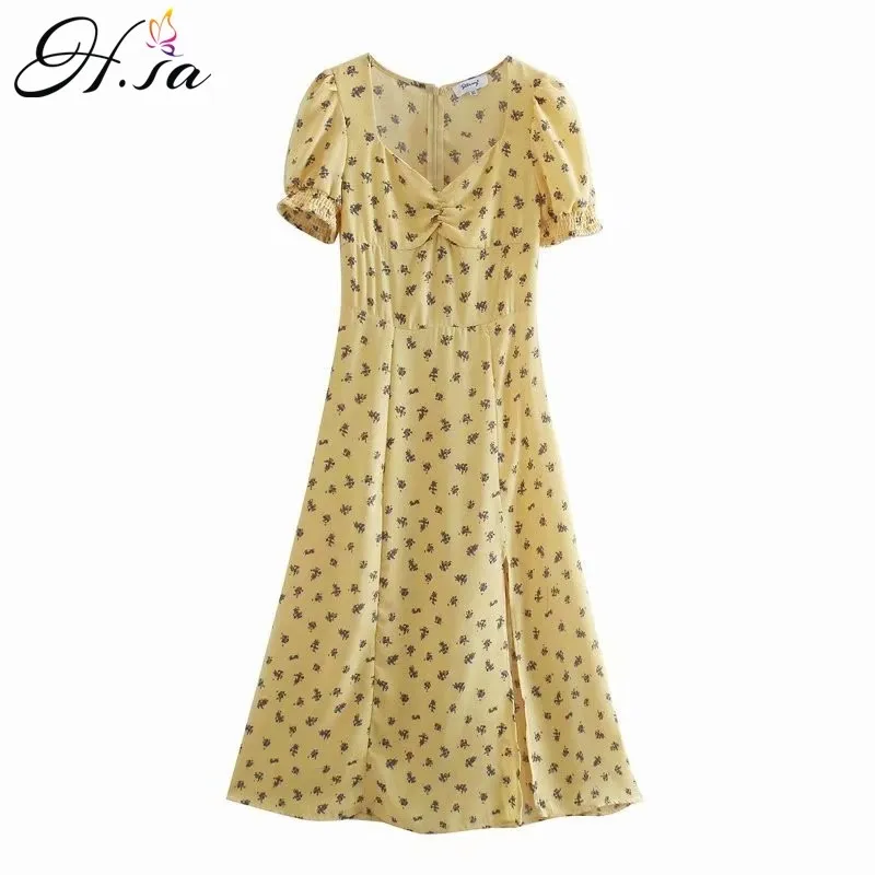 H.SA Abito casual donna manica corta scollo a V vita alta pieghettato sexy spacco lungo abiti giallo abbigliamento donna 210417