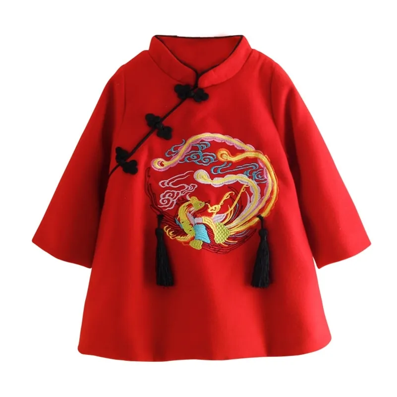 Winter 6 10 Jahre 120 cm 140 cm Neujahr Stickerei Verdickung Kinder Baby Mädchen Traditionelle Chinesische Tang Rot Cheongsam Kleid 210414
