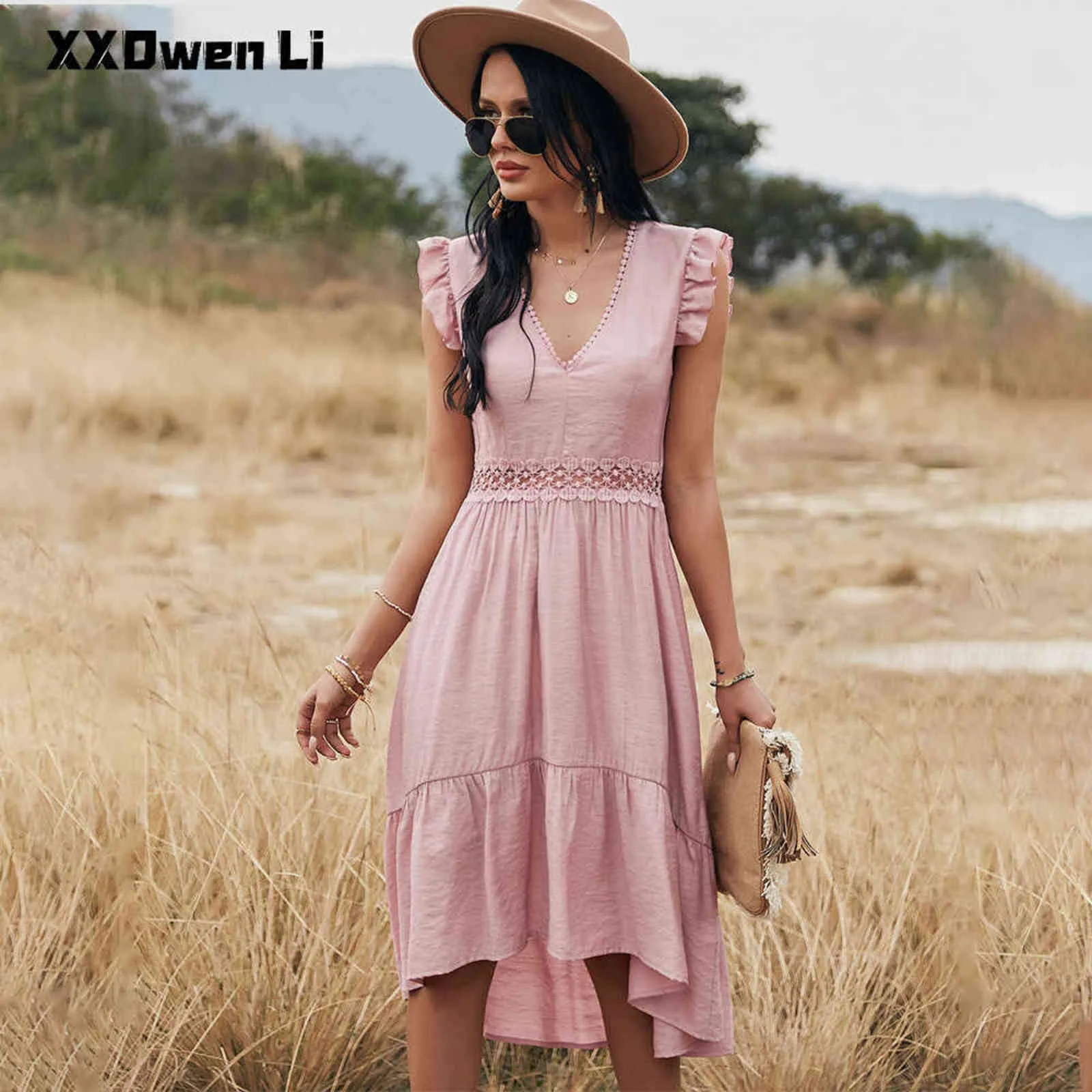 Summer Sleeveless Lace Hollow Out Midi Dress Women Casual Fashion Ruffle Sleeve Pink Dresses Elegant Slim Irregular Party Dress