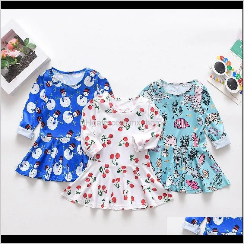 girls dresses 6 colors long sleeve cotton cartoon snowman cherry dinosaur shark dress clothes girls outfits 9m-5t