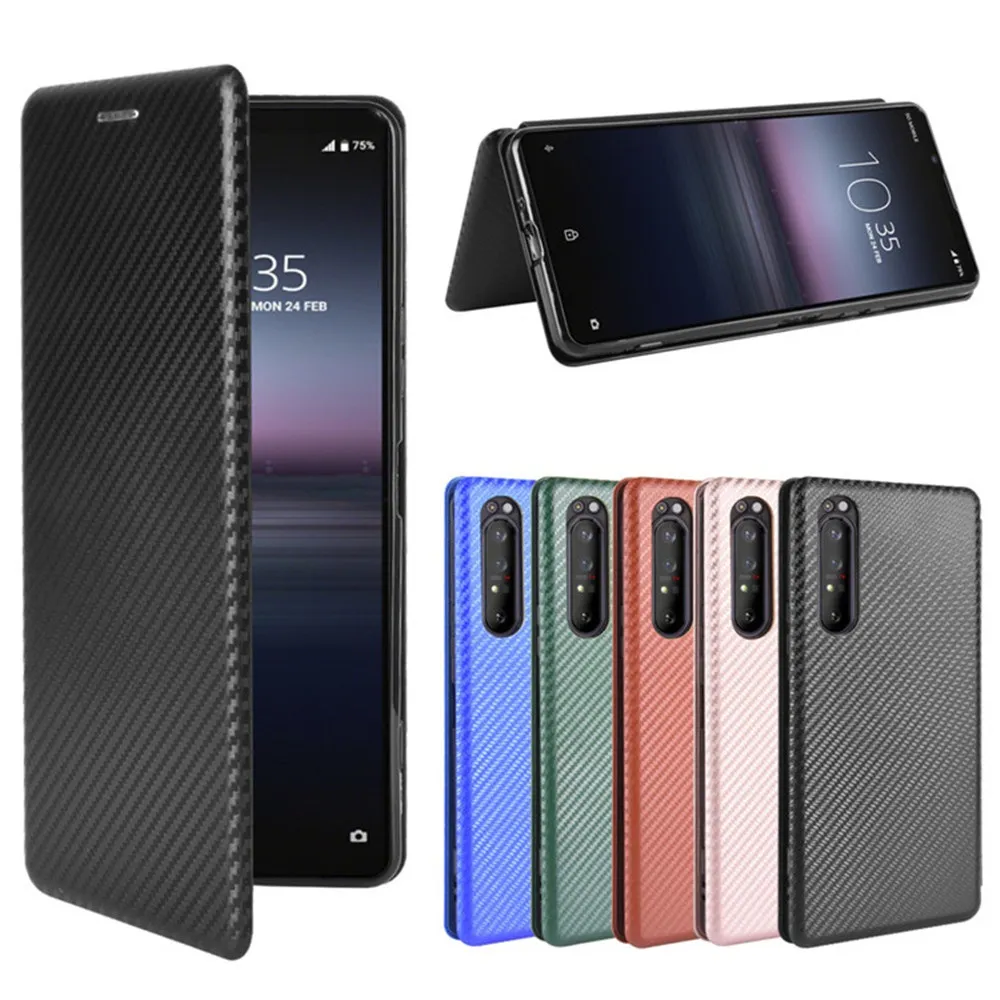 Carbon Fiber For Sony Xperia 5 1 II 10 III Lite Cases Magnetic Book Stand Card Wallet Leather Protectione Xperia 1 10 IV Cover