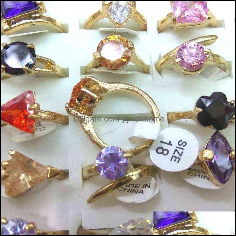 50pcs Gold Tone Real Zircon Rings Heart, triangle, square, flower, waterdrop Shapes Valentine`s Day Gift 220115