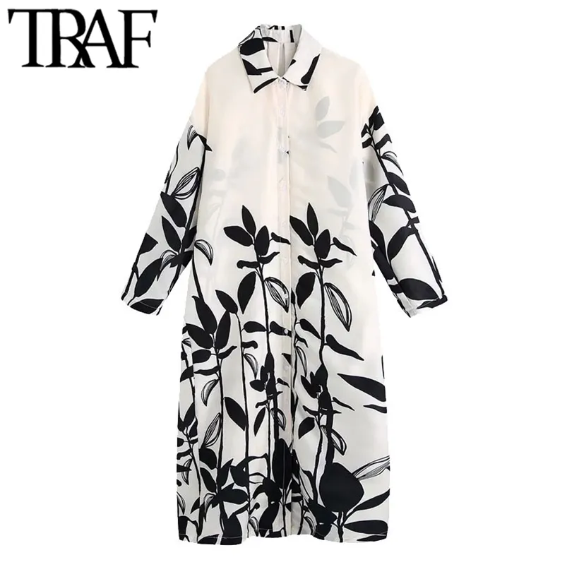 Women Chic Fashion Oversized Printed Midi Dress Vintage Long Sleeve Button-up Female Dresses Vestidos Mujer 210507