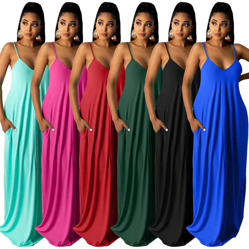 Women Maxi Dresses Plus Size 3XL Summer One-piece Dress Loose Beach Wear Casual Solid Long Skirts with pockets Floor-length Skirt DHL 5546