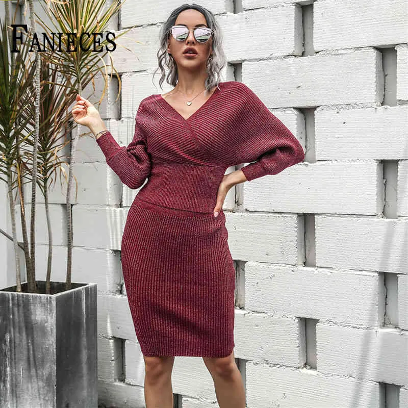 Dames Herfst Avond Party Sweaters Sets Tops en Rok Lange Mouwen Breien Kantoor Dame Casual Tweedelige Set Sweater Jurk 210520