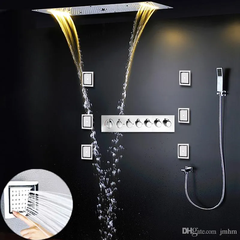 700x380mm Kolumna Zestaw prysznicowych Nowoczesne Duże Duże deszczu Ukryte prysznic sufitowy Wodospad Masaż Termostatyczne 6 sposobów System kąpieli LED