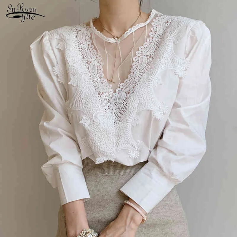 Korea Hollow Out Women Blouse with Lace Office Lady O Neck Shirts Female White Black Long Sleeve Women Blouse and Tops 12622 210518