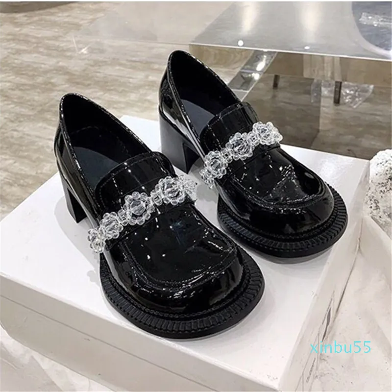 Crystal Decor Black Dress Shoes Women Pumps Leer 6 cm dikke hoge hakken vrouw Valentijnsschoenen dames retro schoen