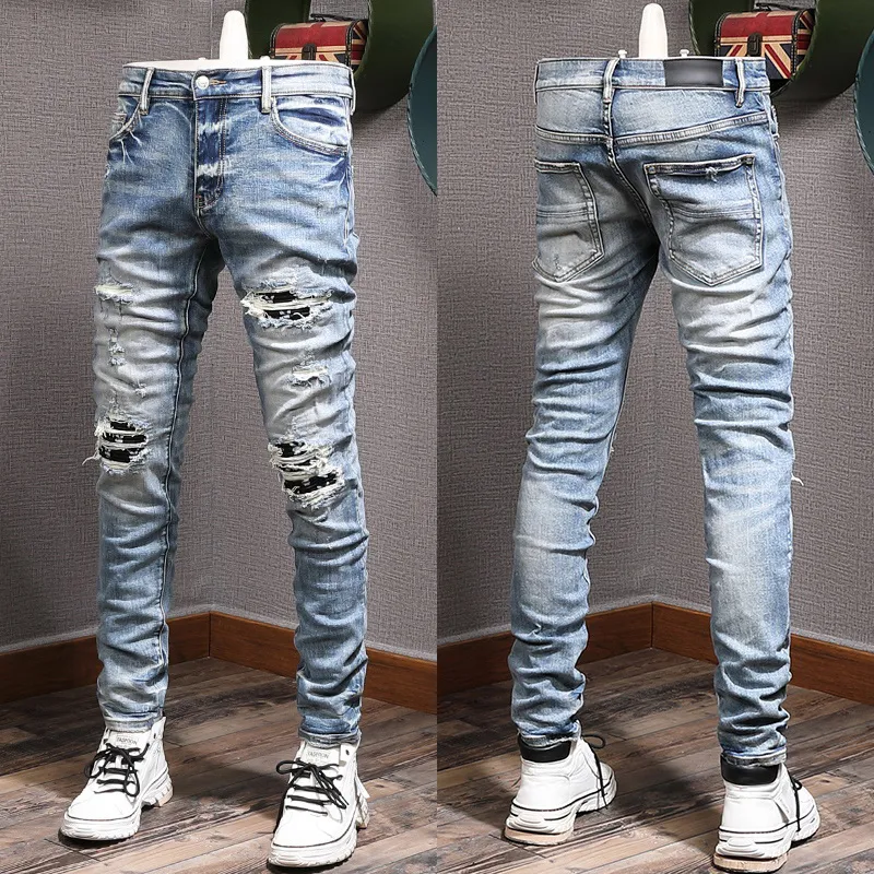 Man Biker Jeans With Plus Size 38 Damage Distressed Fading Destroyed Hole Denim Male