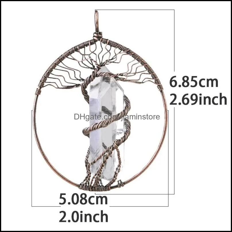 Tree of Life Pendant with Stones Natural Stone Pendants for Necklace Jewelry Making Wire Wrapped Rock Crystal Quartz(no chain)