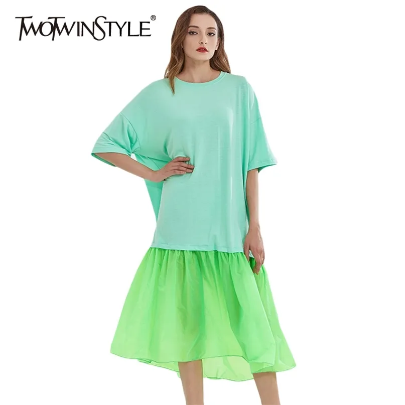 Hit Color Casual Dress for Women O Neck Mangas Curtas Oversized Vestidos Femininos Soltos Homewear Moda 210520