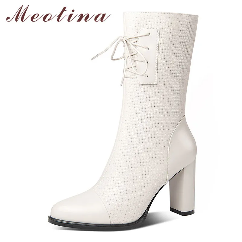 Meotina Winter Mid Calf Boots Women Natural Genuine Leather Chunky Heels Boots Zipper Extreme High Heel Shoes Ladies Fall 34-39 210520