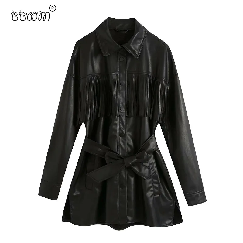 BBWM Kobiety Moda Tassel Faux Skórzana Kurtka Z Pasem Vintage Długim Rękawem Przycisk Płaszcz Kobiet Chic Outnewear 210520