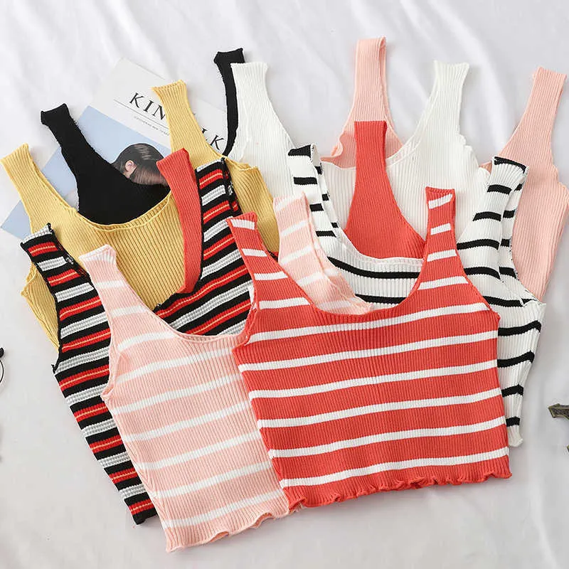 Summer Striped Ribbed Women Crop Top Casual Slim Black White Sleeveless Ruched Beach Camisole W112 210526