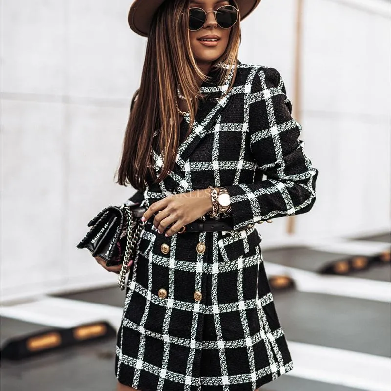 Kvinnorsullblandningar Cashmere Trench Jacket Tweed Coat Vinter Vintage Casual Plaid Woolen Kvinnor Lattice Långärmad kostym Krage Dubbel Bre