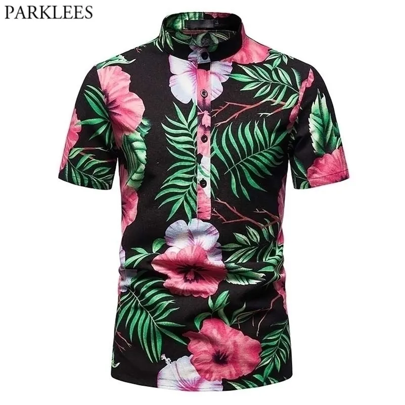 Floral Print Baggy Cotton Linen Shirt Men Banded Collar Button Hawaiian Beach Shirts Mens Holiday Vacation Aloha Shirt Male 3XL 210522