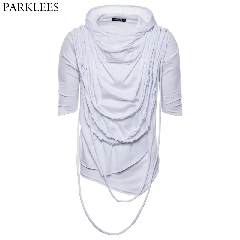 Hip Hop White Hooded T Shirt Men Fashion Tassel Oregular Hoodies T Shirts Mens Nattklubb DJ Hoodie Street Wear Male Camisetas 210522