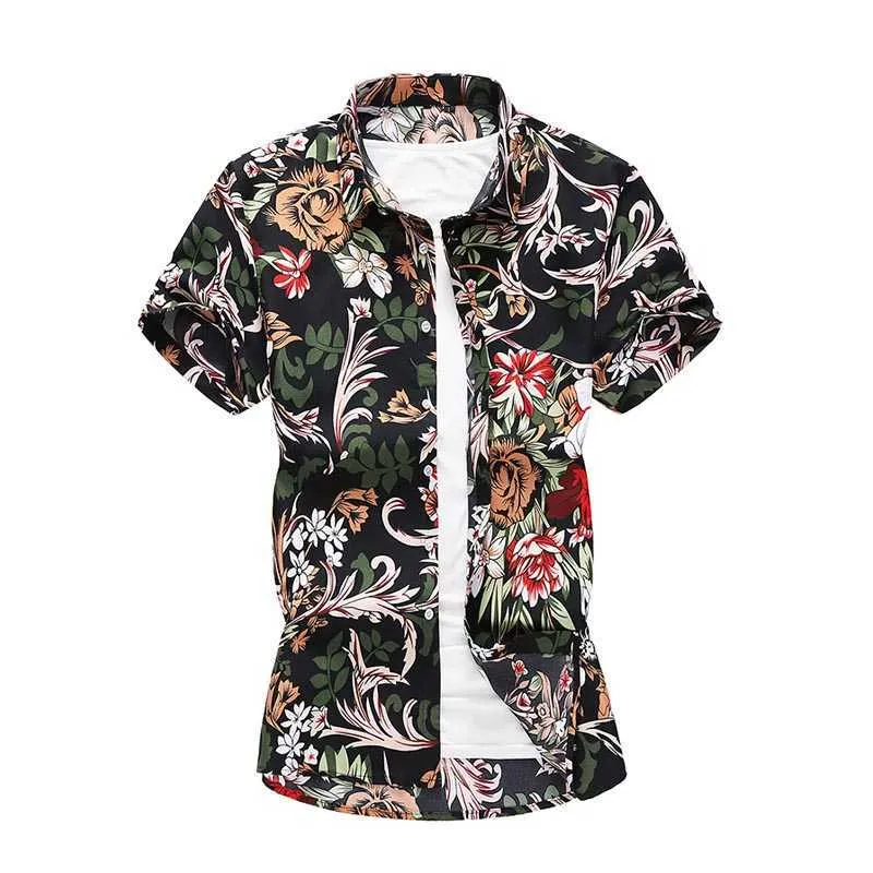 Summer Korean Fashion Floral Shirts Casual Beach Short Sleeve Chinese Cotton Flowers Shirt Big Size 5XL 6XL 7XL 210528