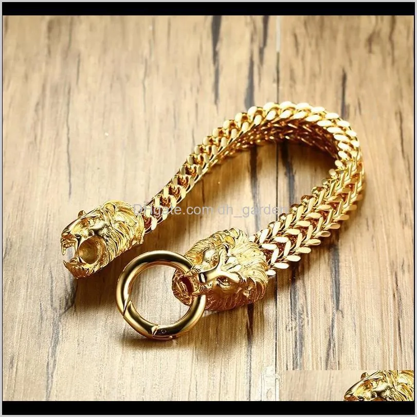 Armreif Armbänder Schmuckantique Doppel Löwe Kopf Fischgrätenkette Armband Für Edelstahl Gold Ton Hip Hop Punk Männer Schmuck 22,5 cm Dr