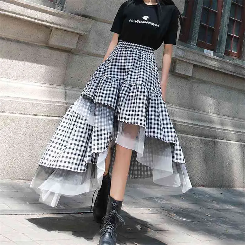 Outono moda feminina feminina preto e branco retalhos retalhos saia irregular malha de cintura alta vestido de baile q727 210527