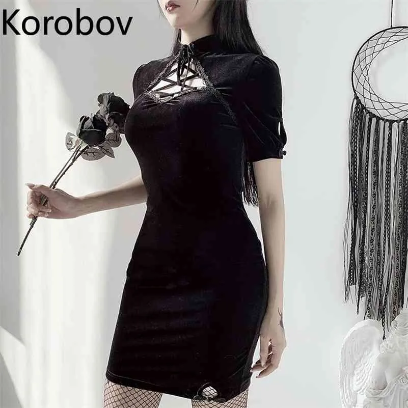 Korobov Summer New Dark Style Dress Harajuku Ulzzang Sexy Bandage Dresses Elegant Hollow Out Slim Vestidos Mujer 210430