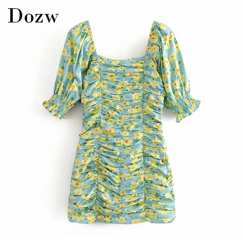 Floral Print Mini Dress Women Short Sleeve Party Bodycon Female Square Collar Pleated Summer Sundresses Robe Femme 210515