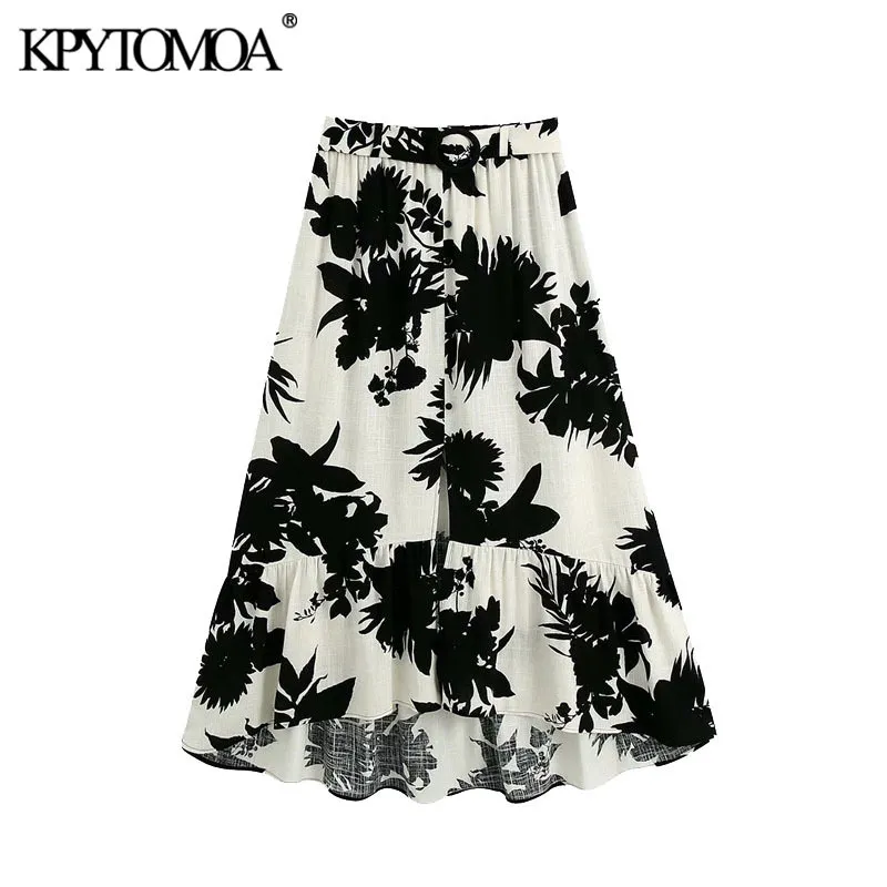 Women Chic Fashion With Belt Printed Asymmetric Midi Dress VIntage Ruffled Hem Front Vents Female Skirts Mujer 210416