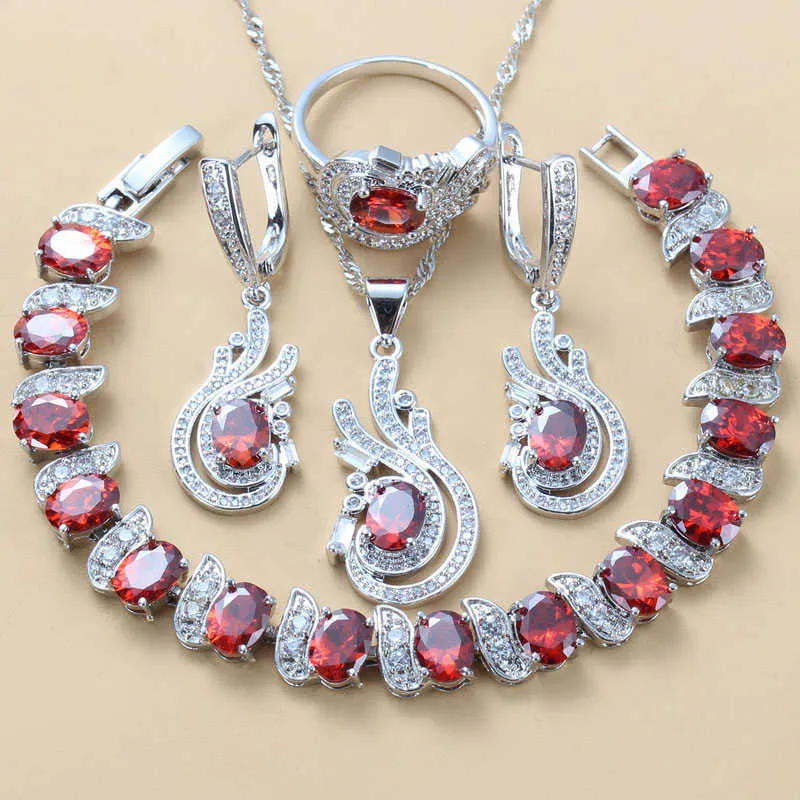 Set di gioielli da sposa in argento color argento da sposa Set di orecchini e bracciale con collana in granato rosso naturale CZ H1022