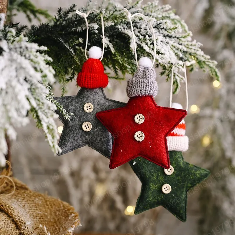 Ciondoli a forma di stella pendenti con ornamento per albero di Natale con cappello da Babbo Natale lavorato a maglia, regalo per bambini per decorazioni per feste domestiche