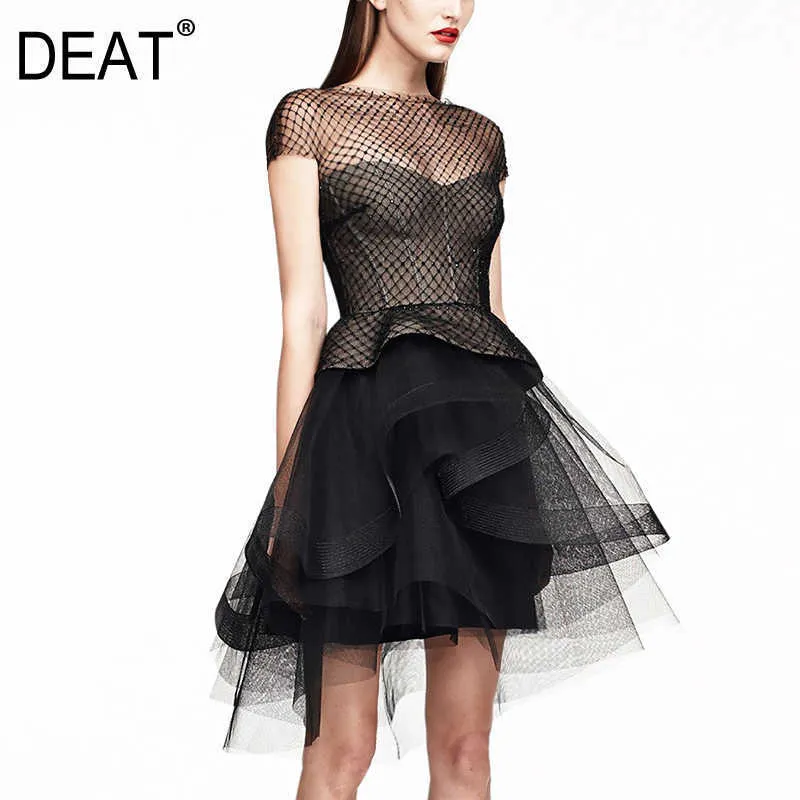 [DEAT] Women Black Round Neck High Waist Short Sleeve Solid Color Hollow Out Loose Sexy Dress Summer Fashion 13C600 210527